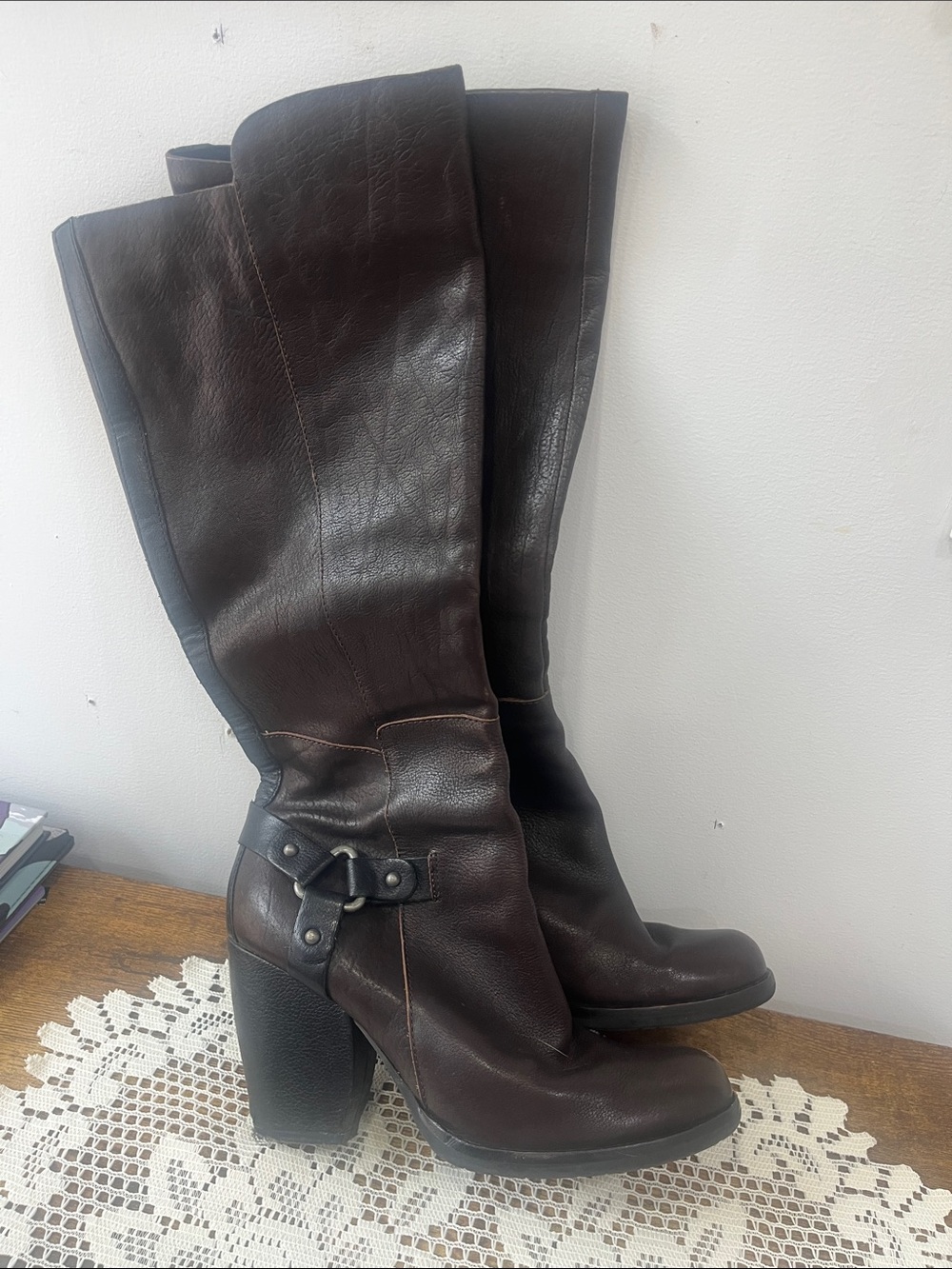 Kork-Ease Dark Brown Leather Knee-High Block Heel Boots
